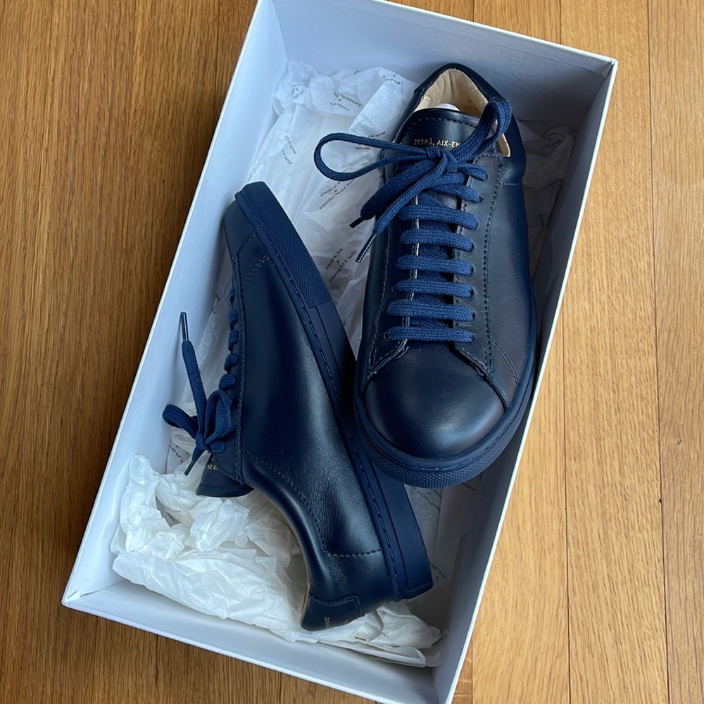 Brand new Zespa leather sneakers Made in France, Navy blue nappa leather W US 6